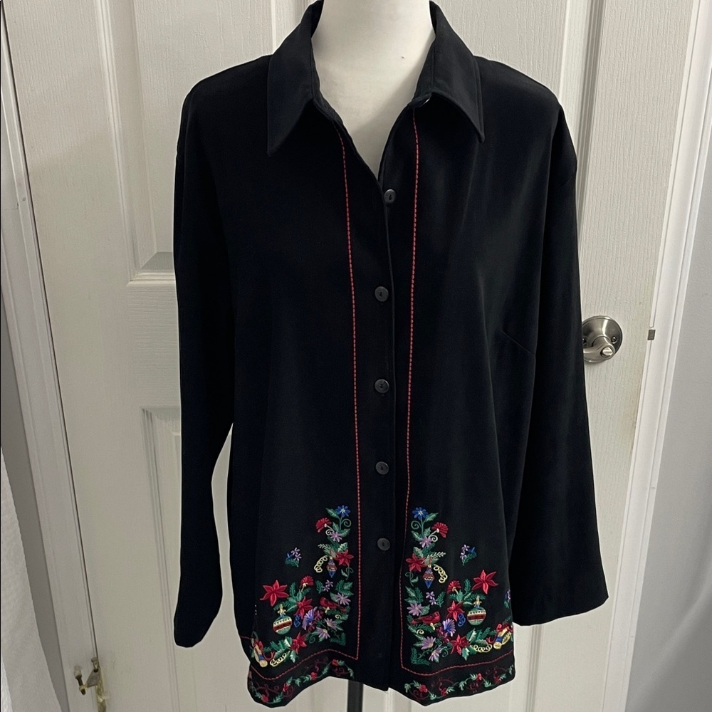 Vintage Velvet Festive Embroidered Black Button Up Shirt/Jacket / Blazer Sz XL - Picture 1 of 16